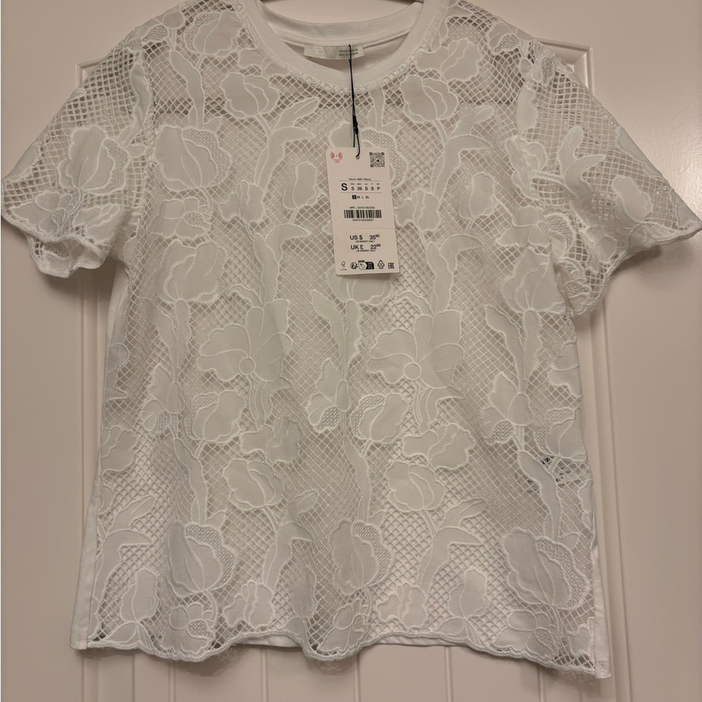 Zara White Floral Lace Short Sleeve Top